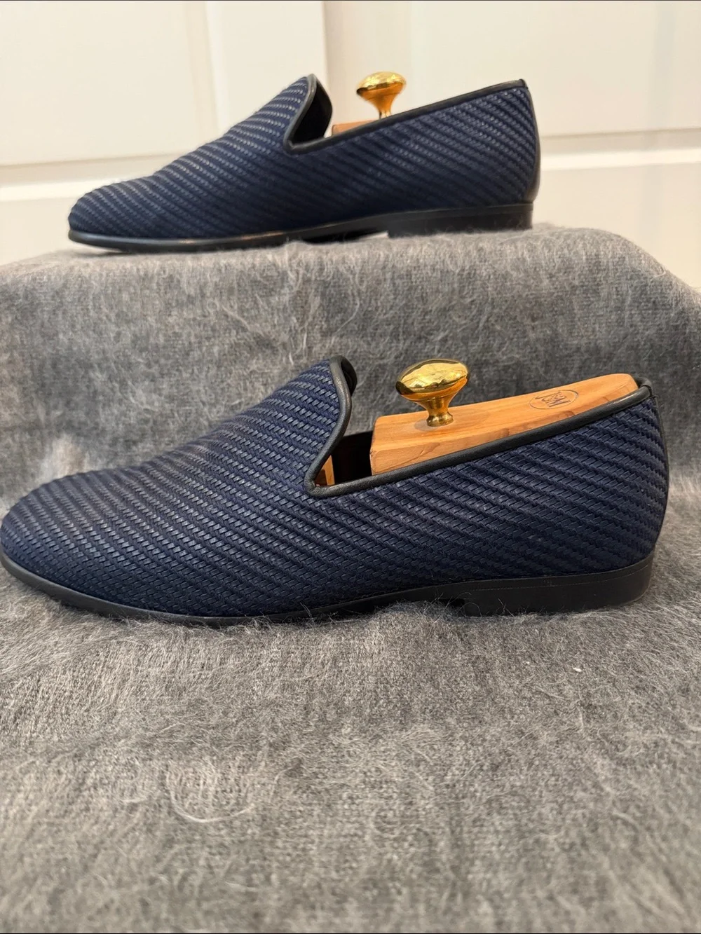 Jimmy Choo Woven Navy Blue Leather-Trim Slip-On Loafers